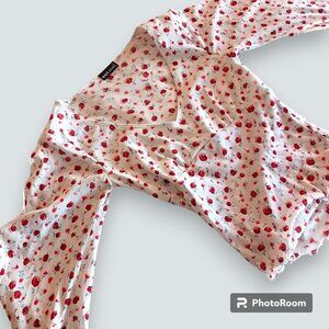 Delicate Red and White Flower Floral Poppy V-Neck Tie-Back Ruffled Top Womens XS